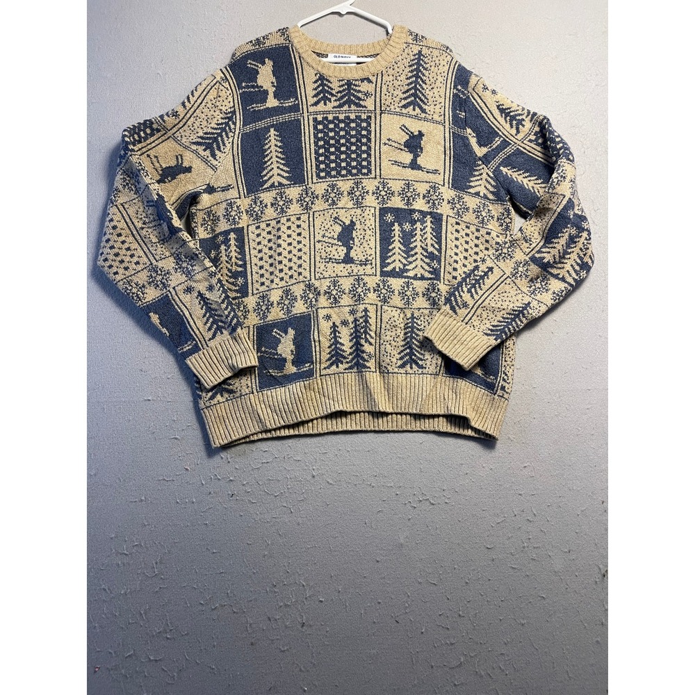 Old Navy SoSoft Sweater Knit Ski Winter Tan Navy Blue Large Mens